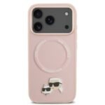 karl lagerfeld pu leather case with karl choupette head pins for iphone 18 pro max magsafe compatible pink on black iPhone