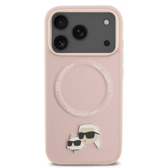 karl lagerfeld pu leather case with karl choupette head pins for iphone 18 pro max magsafe compatible pink on black iPhone