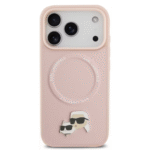 Karl Lagerfeld PU Leather Case with Karl & Choupette Head Pins for iPhone 17 Pro Max, MagSafe Compatible-Pink