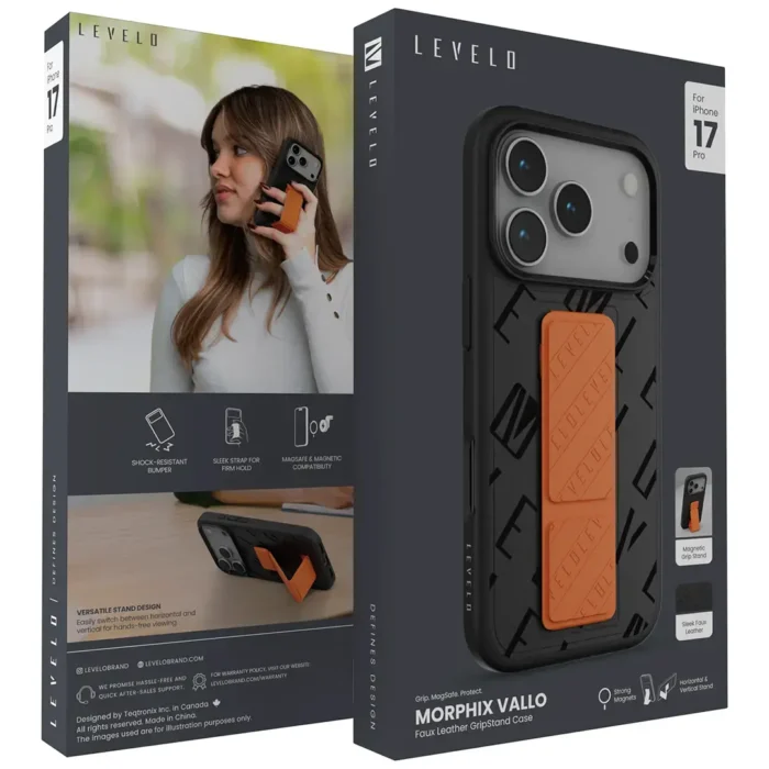 Levelo Morphix Vallo Faux Leather Gripstand Case for iPhone 17 Pro Max Black - Image 3