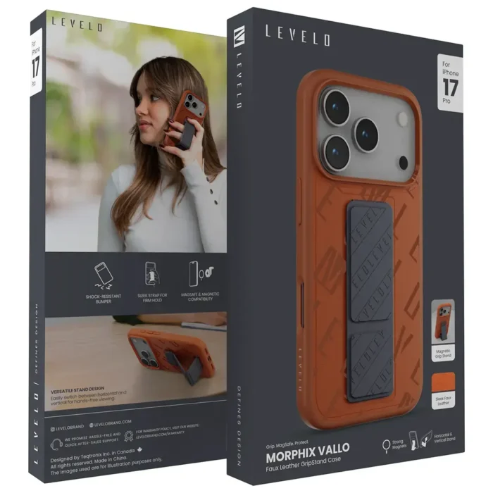 Levelo Morphix Vallo Faux Leather Gripstand Case for iPhone 17 Pro Max Orange - Image 3