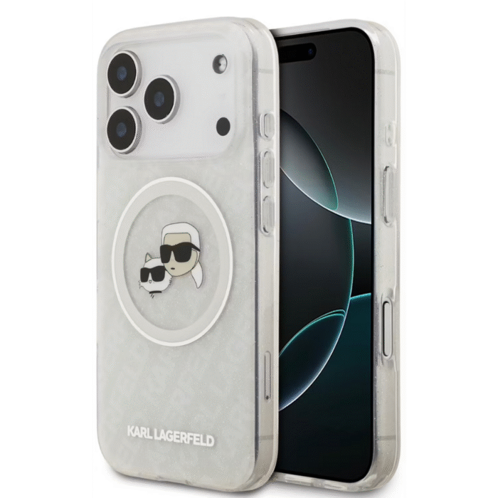Karl Lagerfeld MagSafe IML Glitter & KL Repeated Case with Karl & Choupette for iPhone 17 Pro – White - Image 3