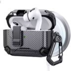 Carbon Fiber With Holder Headphone Case For AirPods Pro 3 Wireless Charge Box Fashion Earphone Protector Black