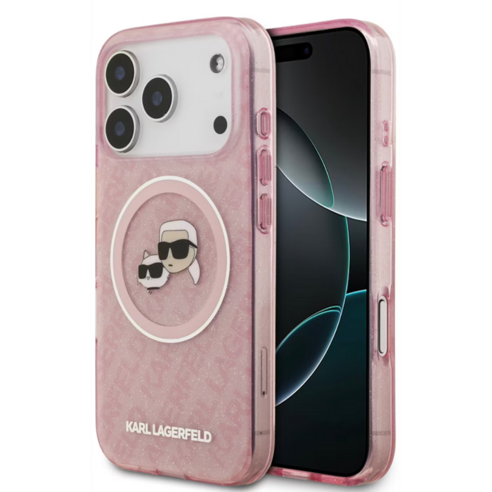 Karl Lagerfeld MagSafe IML Glitter & KL Repeated Case with Karl & Choupette for iPhone 17 Pro Max – Pink - Image 3