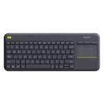 Logitech K400 Plus wireless touch keyboard front view Logitech K400 Plus keyboard with touchpad Logitech K400 Plus wireless keyboard for smart TV Logitech K400 Plus keyboard black design