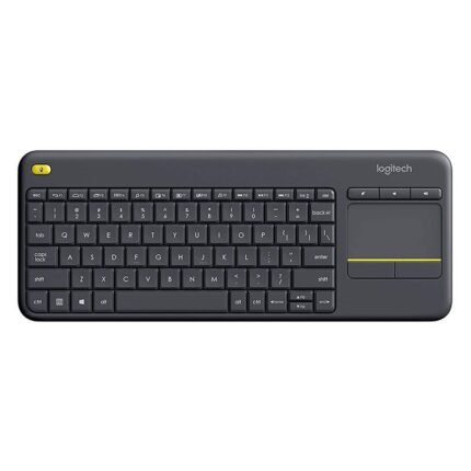 Logitech K400 Plus wireless touch keyboard front view Logitech K400 Plus keyboard with touchpad Logitech K400 Plus wireless keyboard for smart TV Logitech K400 Plus keyboard black design