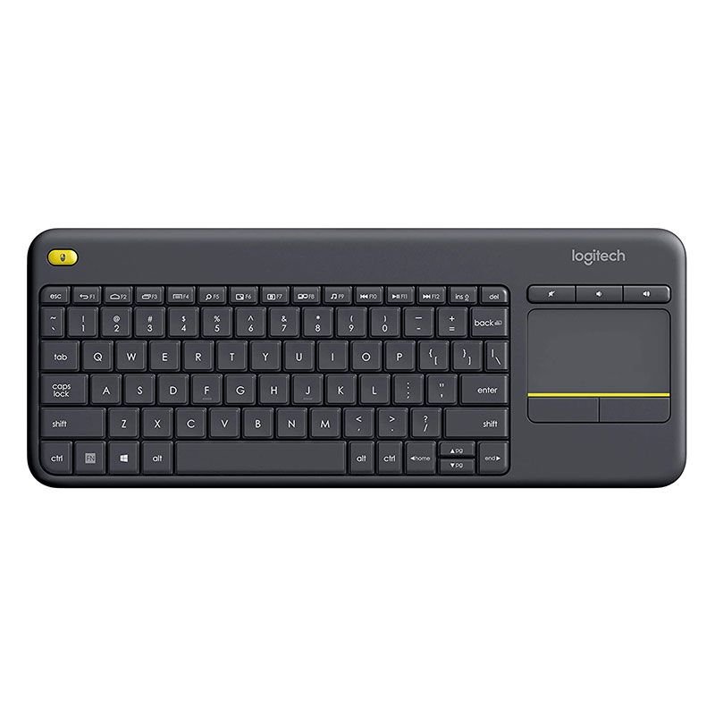 Logitech K400 Plus wireless touch keyboard front view Logitech K400 Plus keyboard with touchpad Logitech K400 Plus wireless keyboard for smart TV Logitech K400 Plus keyboard black design