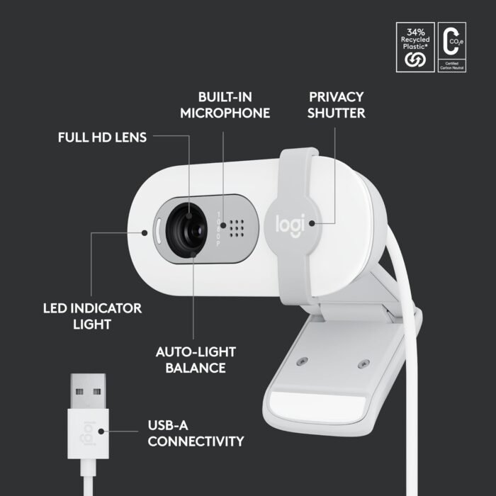 Logitech BRIO 100 Full HD 1080p Webcam With Auto-Light Balance, Integrated Privacy Shutter, and Built-In Mic - Off White (2 Years Warranty) - Image 7