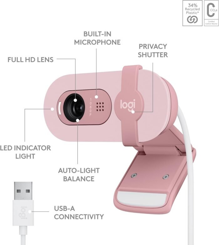 Logitech BRIO 100 Full HD 1080p Webcam With Auto-Light Balance, Integrated Privacy Shutter, and Built-In Mic - Pink (2 Years Warranty) - Image 2