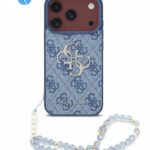 Guess iPhone 18 Pro Max case blue on burgundy iPhone