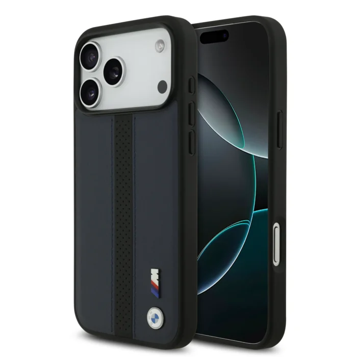 BMW PU Leather Case With Perforated Stripes & Metal Logos For iPhone 17 Pro Max - Navy - Image 3