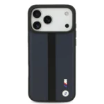 BMW PU Leather Case With Perforated Stripes & Metal Logos For iPhone 17 Pro Max - Navy
