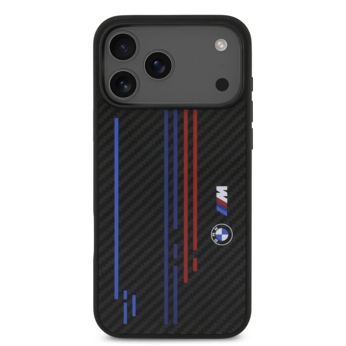 bmw magsafe kevlar case with printed tricolor metal logos for iphone 18 pro max on black iPhone