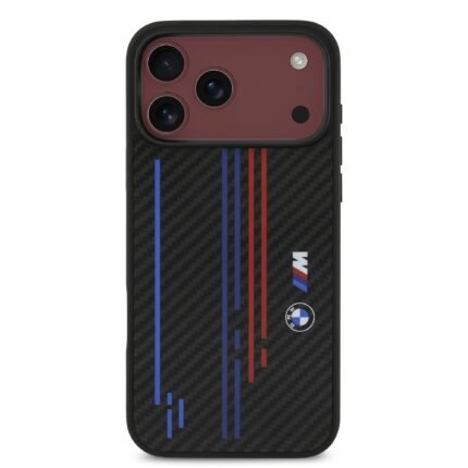 bmw magsafe kevlar case with printed tricolor metal logos for iphone 18 pro max on burgundy iPhone