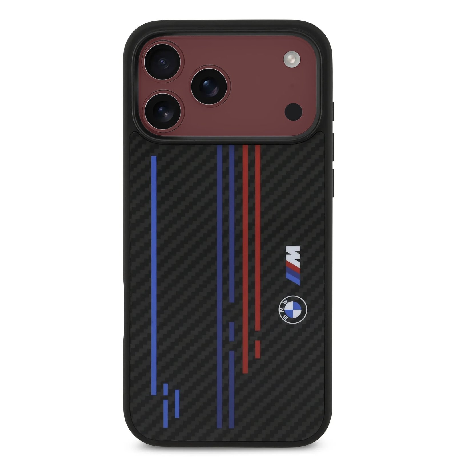 bmw magsafe kevlar case with printed tricolor metal logos for iphone 18 pro max on burgundy iPhone