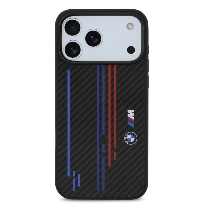 bmw magsafe kevlar case with printed tricolor metal logos for iphone 18 pro max on glacier iPhone