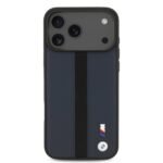 bmw pu leather case with perforated stripes metal logos for iphone 18 pro max navy on black iPhone