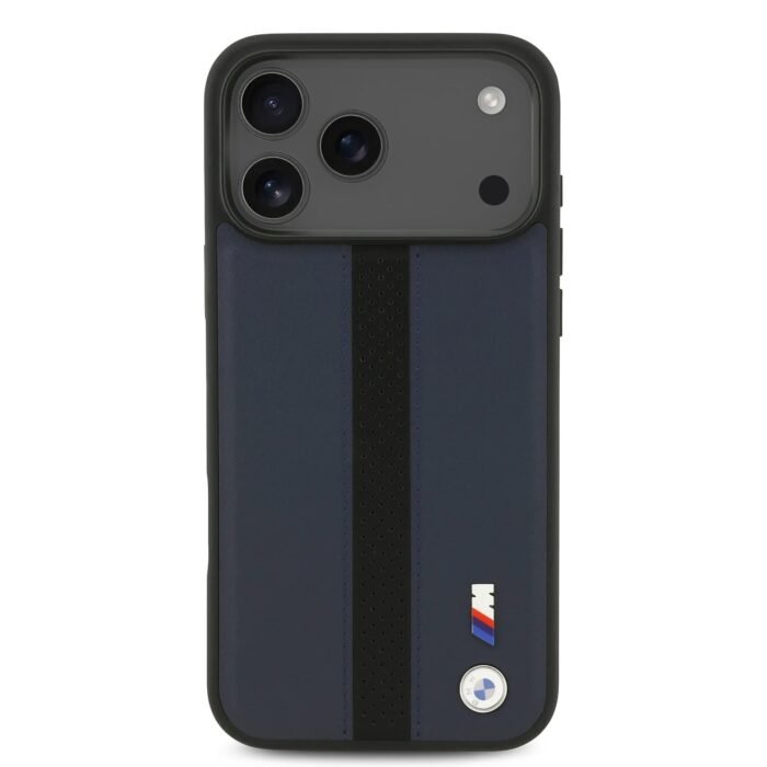 bmw pu leather case with perforated stripes metal logos for iphone 18 pro max navy on black iPhone