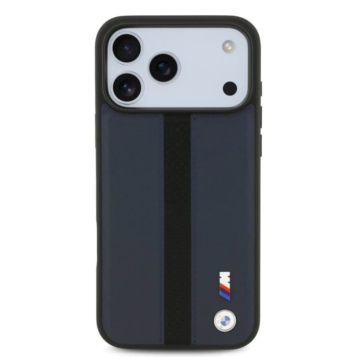 bmw pu leather case with perforated stripes metal logos for iphone 18 pro max navy on glacier iPhone