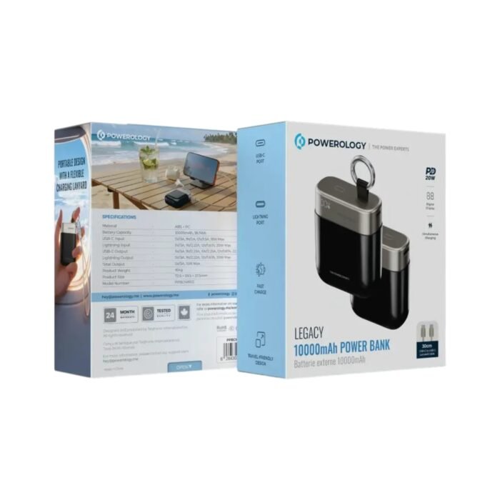 Powerology Legacy PowerBank 10000mAh with PD20W Type C & Lightning Input and Output - Black - Image 2