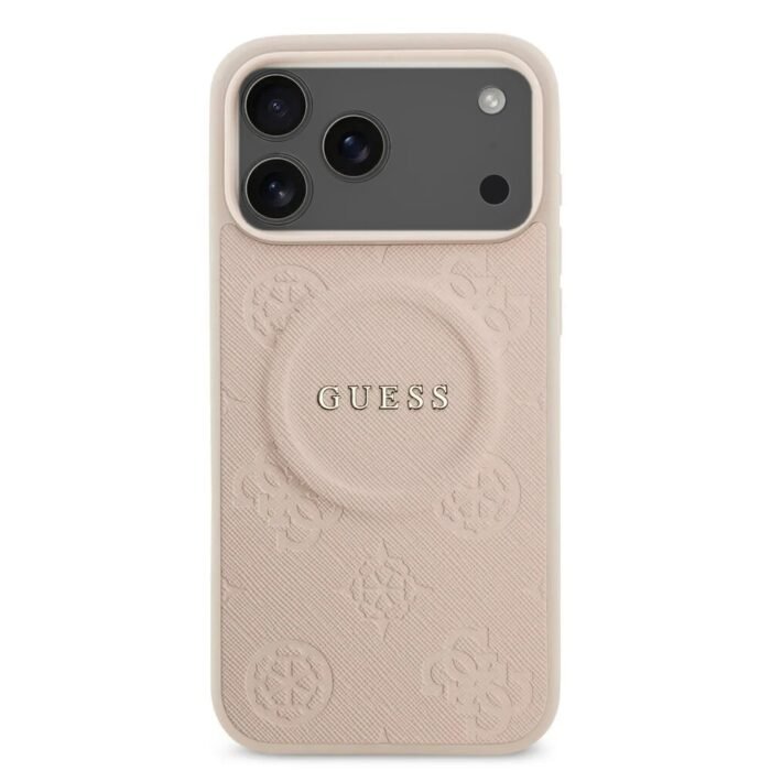 guess iphone 18 pro max back cover case magsafe pu leather peony hot stamp pink on black iPhone
