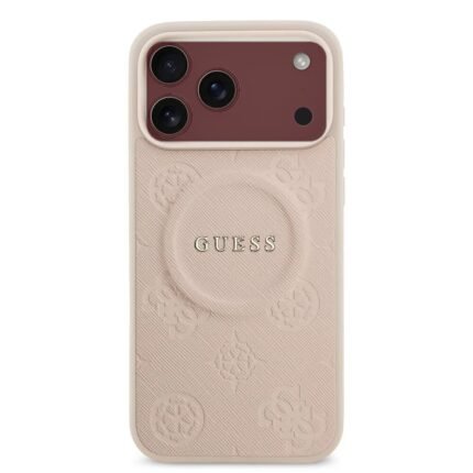 guess iphone 18 pro max back cover case magsafe pu leather peony hot stamp pink on burgundy iPhone