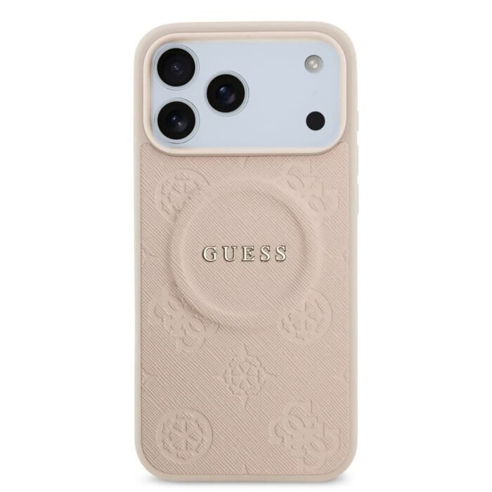 guess iphone 18 pro max back cover case magsafe pu leather peony hot stamp pink on glacier iPhone