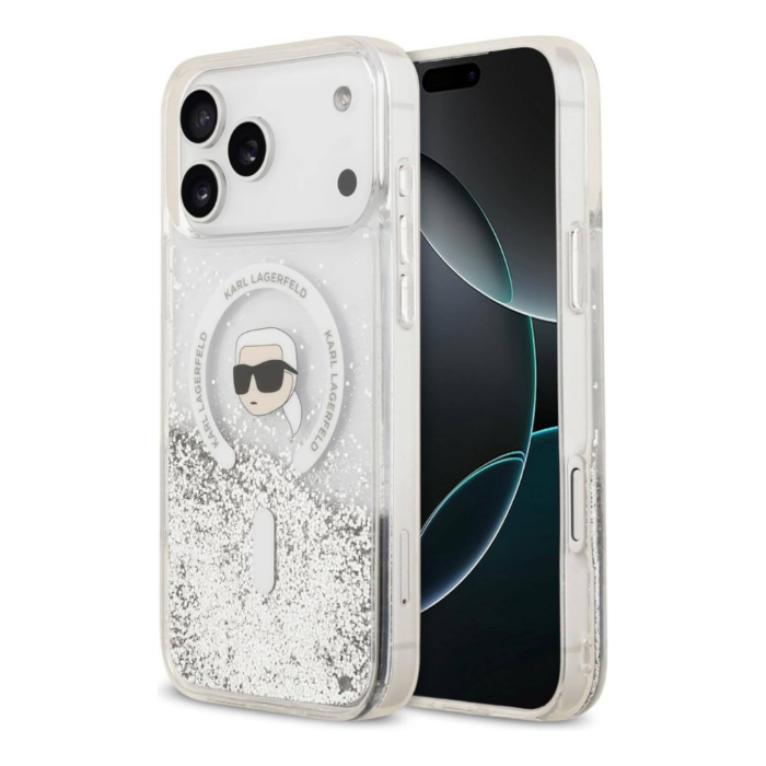 Karl lagerfeld Case for iPhone 17 Pro Max Back - MagSafe - Liquid Gillter Case With Karl Head - Transparent - Image 3