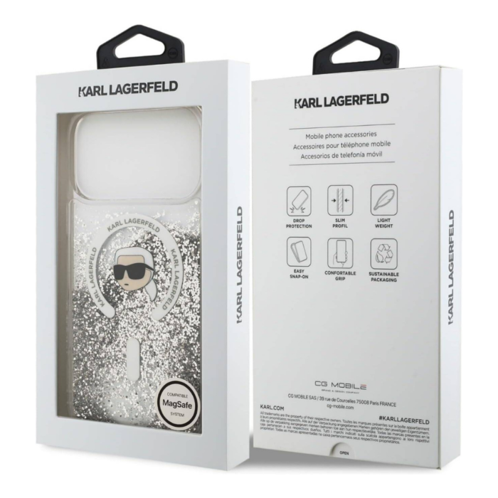 Karl lagerfeld Case for iPhone 17 Pro Max Back - MagSafe - Liquid Gillter Case With Karl Head - Transparent - Image 8