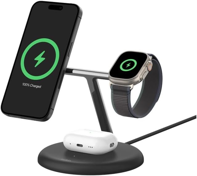 41OAFI1QQXL._AC_SL1500_ Belkin BoostCharge Pro 3-in-1 Wireless Charging Stand 15W with MagSafe & Qi2 Technology – Black - Image 1