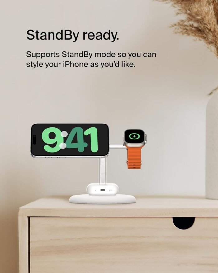 Belkin BoostCharge Pro 3-in-1 Wireless Charging Stand 15W with MagSafe & Qi2 Technology – White - Image 6