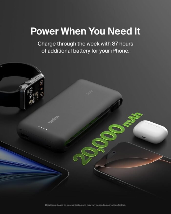 Belkin BoostCharge 20K External Battery, Fast Charge and Built-in Cable (PD 30W), Power Bank, USB-C Black - Image 5