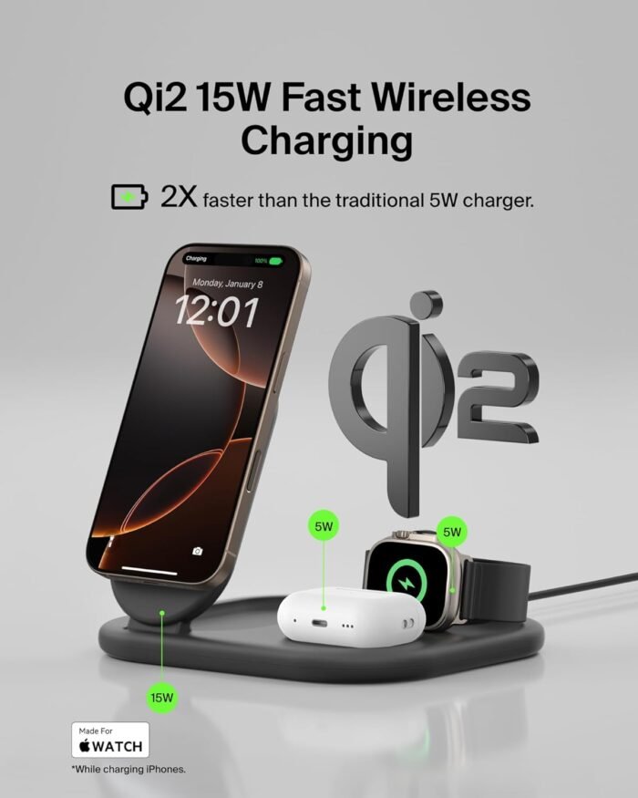 Belkin MagSafe Charger, BoostCharge 3-in-1 Qi2 Magnetic Foldable Charger 15W Fast Charger for Apple iPhone15, Apple Watch, AirPods with Non-Slip Base, Power Supply Module - Black - Image 2