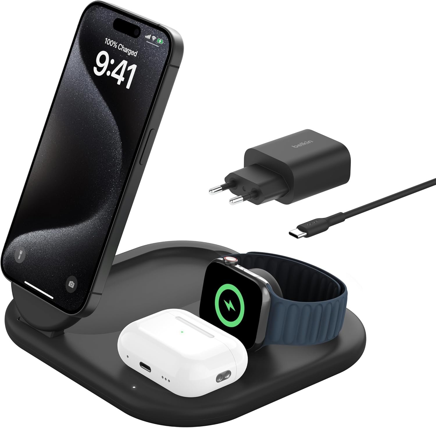 71BPZEys3ML._AC_SL1500_ Belkin MagSafe Charger, BoostCharge 3-in-1 Qi2 Magnetic Foldable Charger 15W Fast Charger for Apple iPhone15, Apple Watch, AirPods with Non-Slip Base, Power Supply Module - Black - Image 1