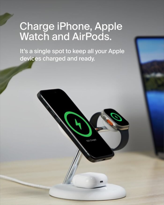 Belkin BoostCharge Pro 3-in-1 Wireless Charging Stand 15W with MagSafe & Qi2 Technology – White - Image 3