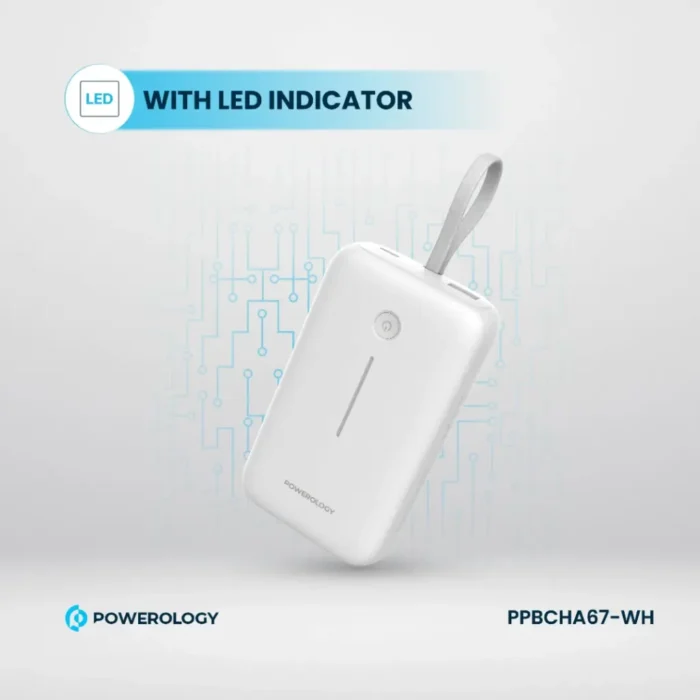 Powerology 20000mAh Power Bank With Built-In USB-C Wire, PD 30W, QC 18W and 3-Device Charging - White - Image 5