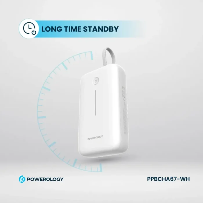 Powerology 20000mAh Power Bank With Built-In USB-C Wire, PD 30W, QC 18W and 3-Device Charging - White - Image 6
