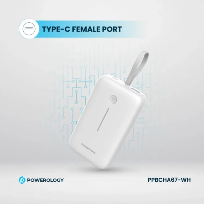 Powerology 20000mAh Power Bank With Built-In USB-C Wire, PD 30W, QC 18W and 3-Device Charging - White - Image 8
