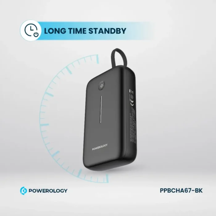 Powerology 20000mAh Power Bank With Built-In USB-C Wire, PD 30W, QC 18W and 3-Device Charging - Black - Image 4