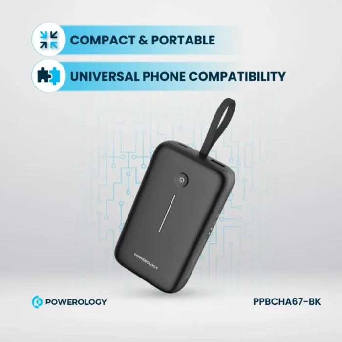 Powerology 20000mAh Power Bank With Built-In USB-C Wire, PD 30W, QC 18W and 3-Device Charging - Black - Image 7