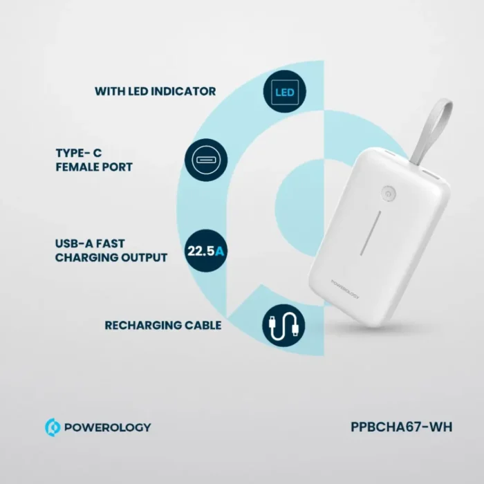 Powerology 20000mAh Power Bank With Built-In USB-C Wire, PD 30W, QC 18W and 3-Device Charging - White - Image 2