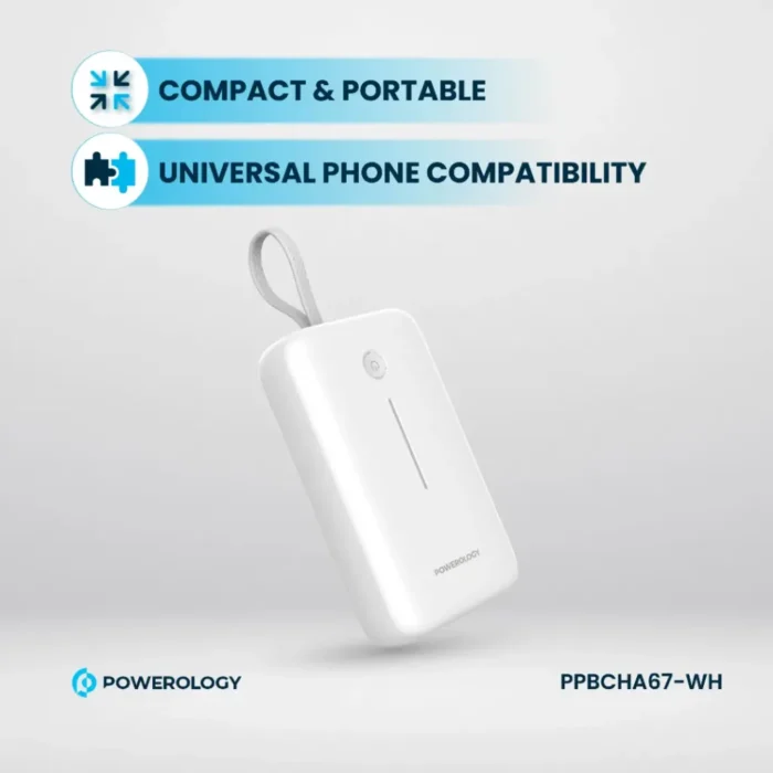 Powerology 20000mAh Power Bank With Built-In USB-C Wire, PD 30W, QC 18W and 3-Device Charging - White - Image 3