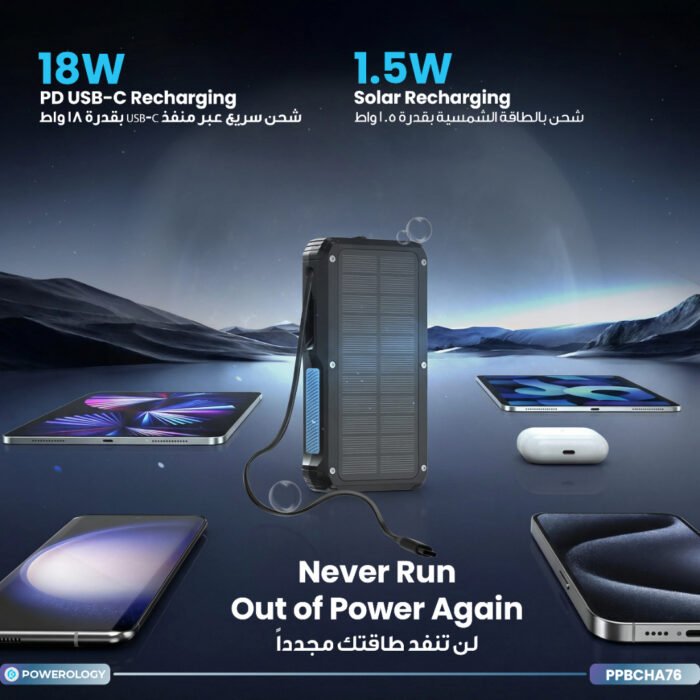 Powerology 20000mah Power Bank With Led Built-In Retractable Type-C Cable 15w Wireless Ch - Image 13