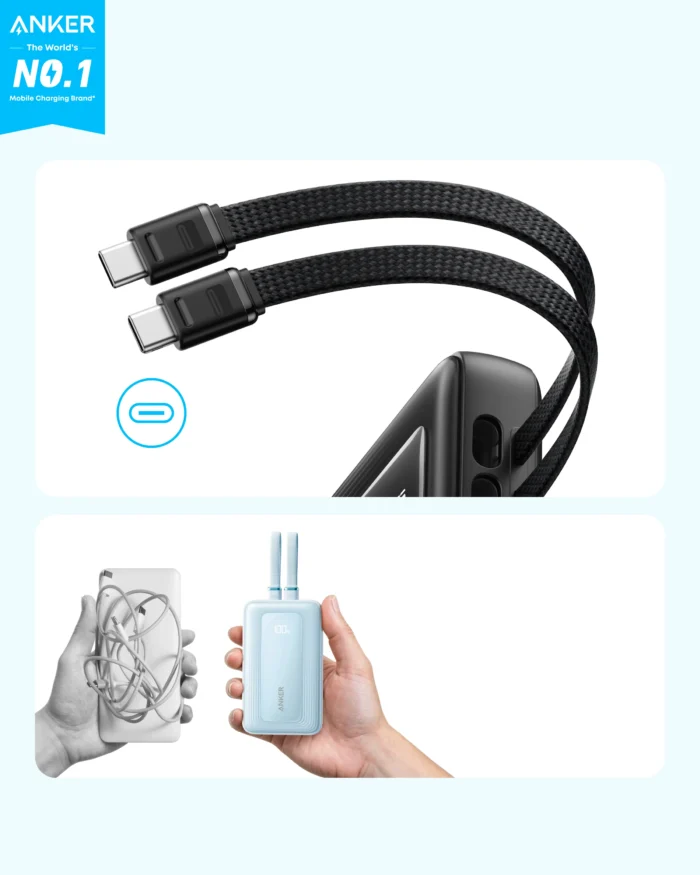 Anker Zolo Power Bank (10K,35W,Built-In Dual USB-C Cables) With 1 USB-C Port + 1 USB-A Port - Black (Etisal) - Image 4