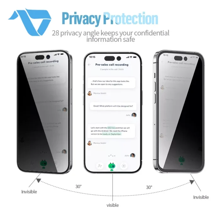 ⁦Blueo HD 3D Privacy Tempered Glass Screen Protector for iPhone 18 Pro Max⁩ - الصورة ⁦5⁩