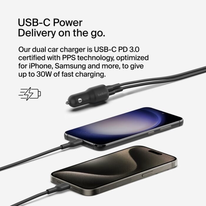 Belkin BoostCharge Dual Car Charger 42W USB-C PD + USB-A – Black