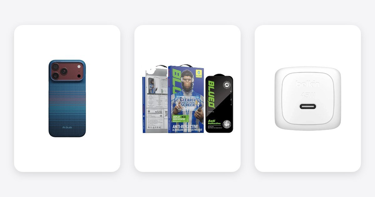 iPhone 18 Pro Max accessories in Egypt: PITAKA case, Blueo screen protector and Belkin 45W charger