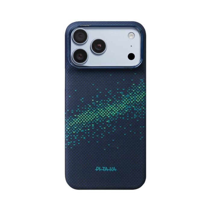 Pitaka Edge Case for iPhone 17/18 Pro Max – Nearfield Blue (PitaTap) on iPhone 18 Pro Max Glacier